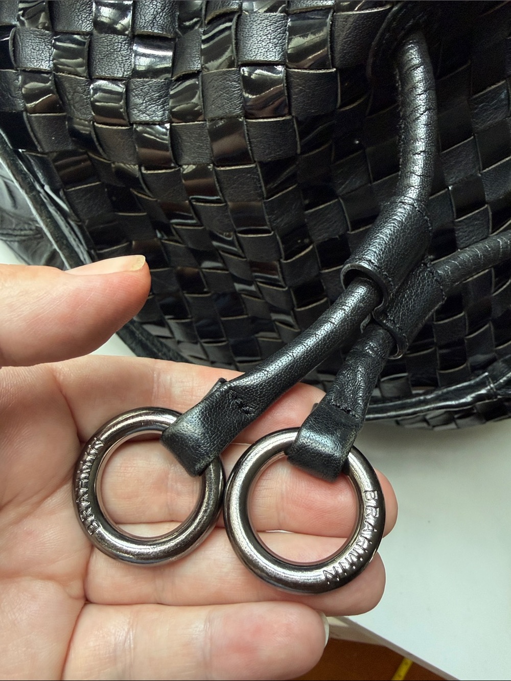 Brahmin Black Woven Leather Bucket/Drawstring Shoulder Bag - Picture 8 of 17